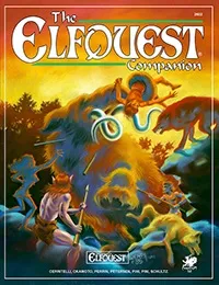 A fantasy illustration with the text "Elfquest Companion" at the top. In the foreground, a red-haired elf holding a spear crouches, facing a chaotic battle scene. Various elves and creatures, including wolves and a large serpent, are engaged in combat. The background features a rocky landscape with trees and a glowing, swirling energy symbol.