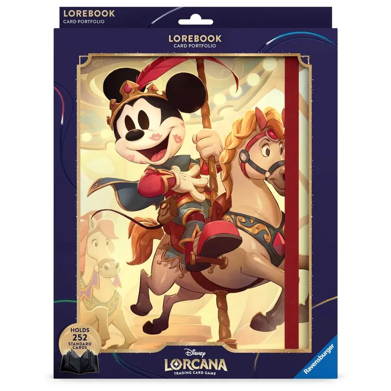 Mickey Mouse in knight armor riding a horse, holding a lance. Packaging reads "LOREBOOK CARD PORTFOLIO Disney LORCANA TRADING CARD GAME".
