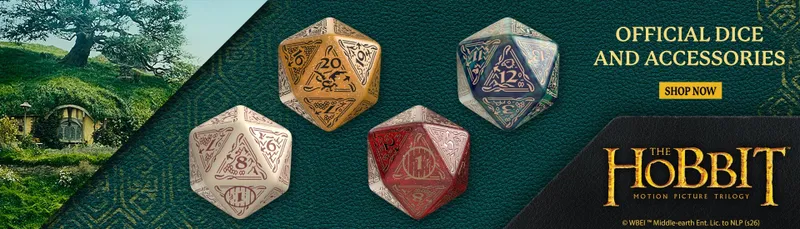 Ornate 20-sided dice in gold, red, and blue with intricate designs and numbers.