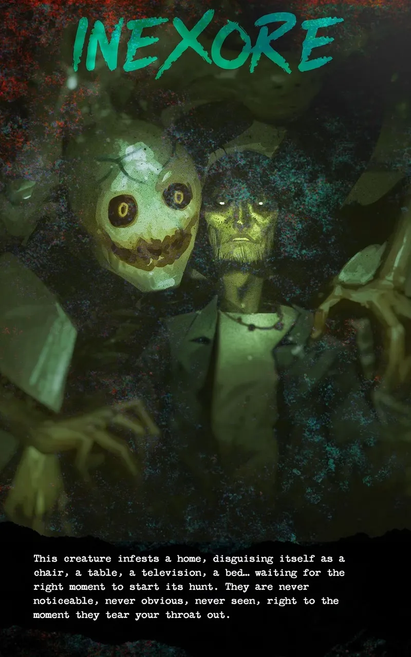 Two masked figures in dark clothing, one with a stitched mouth and circular eyes, the other with glowing eyes.