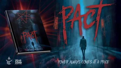 A dark and atmospheric book cover for the tabletop roleplaying game "Pact" features a prominent red pentagram and the title "PACT" in bold, stylized lettering. The background depicts a shadowy figure walking through a dimly lit urban environment, with hints of supernatural elements and a sense of foreboding. The tagline "POWER ALWAYS COMES AT A PRICE" is displayed at the bottom, emphasizing the game's themes of sacrifice and consequence.