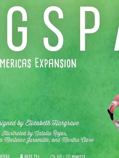 A vibrant green background features the title "WINGS PAN" prominently at the top, with "Americas Expansion" below it. To the right, a pink flamingo is depicted interacting with a smaller bird, while a long, slender bird with a dark feathered wing is shown on the left. The design credits are listed at the bottom, highlighting the creators and illustrators involved in the expansion.