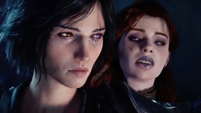 Two characters with glowing eyes, one with a scar on her cheek.