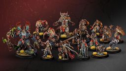 A diverse group of fantasy miniatures is displayed, featuring various characters and beasts from the Old Umbrey Core Expansion. Prominent figures include a muscular warlock with a fierce expression, flanked by werewolves and a large, imposing beast. The scene is set against a dark background, with vibrant colors highlighting the intricate details of the miniatures, including their armor, weapons, and dynamic poses, while patches of grass add a touch of realism to the base.