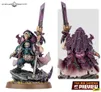 A detailed miniature of a character from the Leagues of Votann, featuring a figure clad in intricate armor with a mix of blue and purple tones. The character wields a large, ornate sword and stands on a rocky base adorned with grass and purple accents. The back of the figure showcases a flowing cape with a textured design, emphasizing its unique and formidable presence.