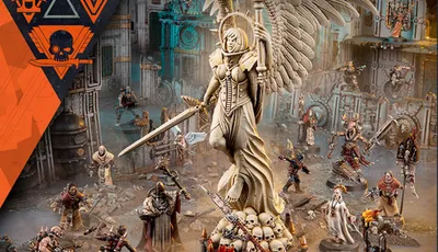 The image features a striking centerpiece statue of a winged figure, wielding a sword and adorned in ornate armor, surrounded by various miniatures representing the new Kill Team expansion. In the foreground, a group of ecclesiarchal militiamen, known as Sanctifiers, can be seen, including a Confessor and a small cherub, while in the background, the ferocious Goremongers, led by a Blood Herald, are positioned menacingly. The setting is richly detailed, with a backdrop of industrial ruins, enhancing the dramatic atmosphere of the scene.