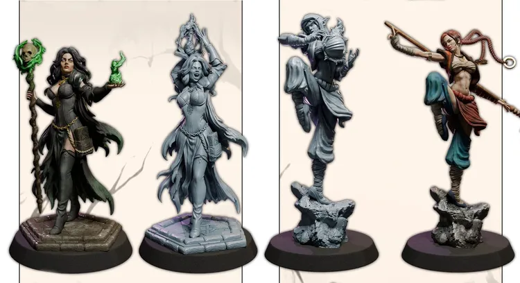 Two intricately designed female miniatures are displayed on circular bases. On the left, a dark-haired sorceress holds a staff topped with a skull and emits a green magical aura from her other hand, dressed in a revealing outfit with flowing garments. The right miniature features a blonde spellcaster with arms raised, adorned in a similarly revealing outfit, showcasing detailed sculpting and characterful poses. Both miniatures are presented in a mix of painted and unpainted finishes, highlighting their intricate details.
