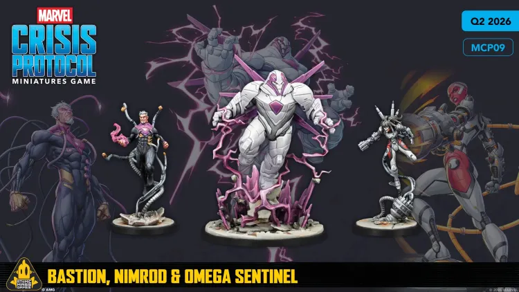 Three character miniatures from the Marvel: Crisis Protocol Miniatures Game are prominently displayed. On the left, a character named Bastion is depicted with a sleek, dark outfit and mechanical tendrils extending from his body. In the center, Nimrod stands confidently, showcasing a futuristic design with a pink and black color scheme. To the right, the Omega Sentinel is illustrated with a robust, armored appearance, surrounded by energy effects in shades of pink and purple. The background is dark, emphasizing the characters and their dynamic poses.