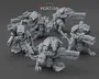 A group of five armored cyberrats is displayed, showcasing intricate details in their design. Each rat is equipped with distinctive rifles, featuring both long and short barrels, and is adorned with various mechanical components and armor plating. The models are presented in a gray, unpainted finish, highlighting their sci-fi aesthetic and the craftsmanship involved in their sculpting.