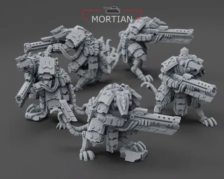 A group of five armored cyberrats is displayed, showcasing intricate details in their design. Each rat is equipped with distinctive rifles, featuring both long and short barrels, and is adorned with various mechanical components and armor plating. The models are presented in a gray, unpainted finish, highlighting their sci-fi aesthetic and the craftsmanship involved in their sculpting.