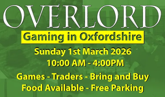 A promotional graphic for the Overlord Wargaming show features bold text on a vibrant green background. The title "OVERLORD" is prominently displayed at the top, followed by details about the event, including the date—Sunday, 1st March 2020—and the time—10:00 AM to 4:00 PM. Additional information highlights activities such as games, traders, a bring-and-buy sale, and mentions that food will be available along with free parking.