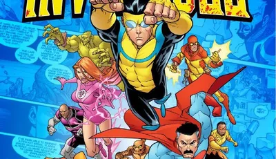 Superheroes in action with "INVINCIBLE" in bold yellow letters above.