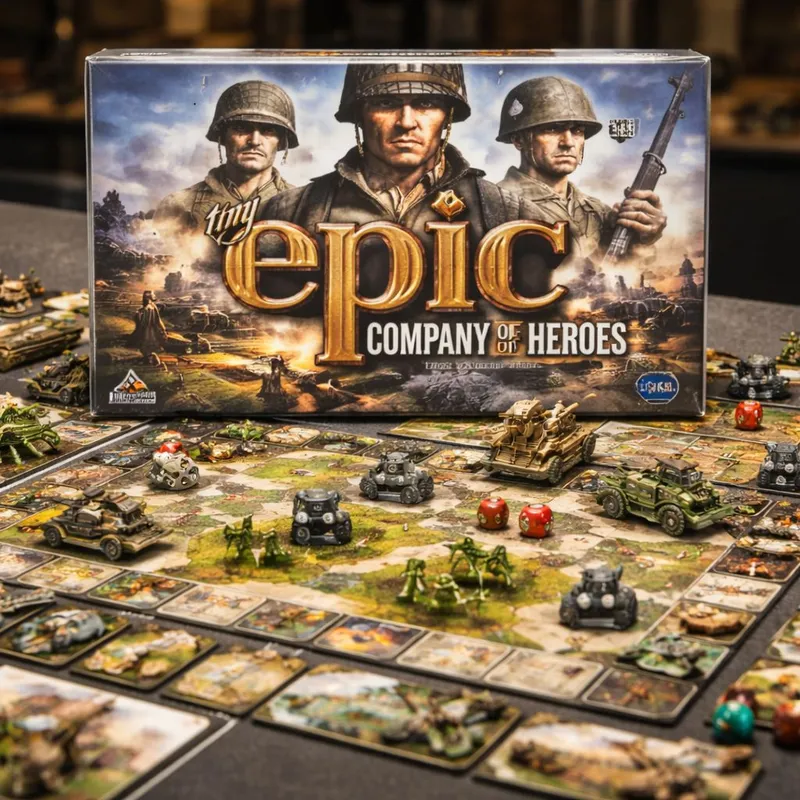 A tabletop game titled "Tiny Epic Company of Heroes" is prominently displayed in the background, featuring artwork of soldiers in military attire. In the foreground, a detailed game board is spread out, showcasing various miniature vehicles, soldiers, and terrain tiles, all set in a war-themed environment. The overall color palette includes earthy tones, with greens and browns dominating the landscape, while the box art features bold lettering and dramatic imagery.