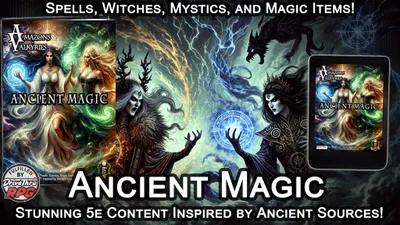 A mystical illustration features two powerful spellcasters, one with long, flowing hair and a green aura, and the other with dark, wild hair and a commanding presence, both surrounded by swirling magical energies. In the background, a dramatic sky crackles with lightning, while arcane symbols and a shadowy creature add to the atmosphere. Prominently displayed is the title "ANCIENT MAGIC" along with the text "5e Content Inspired by Ancient Sources!" and an image of the book cover on the right.