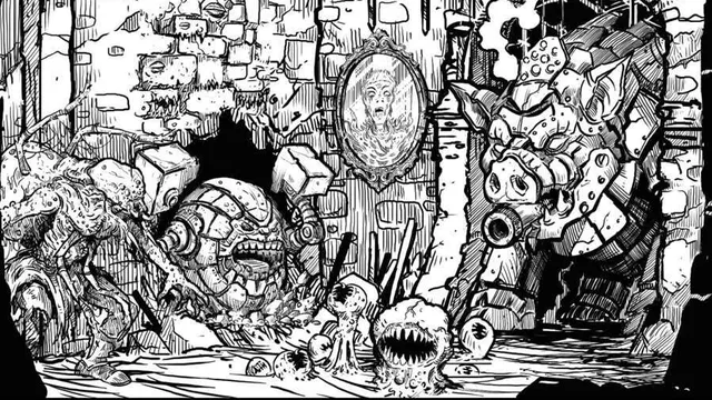 Black and white illustration of monsters in a ruined room, with text "ShadowDark RPG" and "Creatures Inspired by Classic Rock, Pop, Metal, & More!"