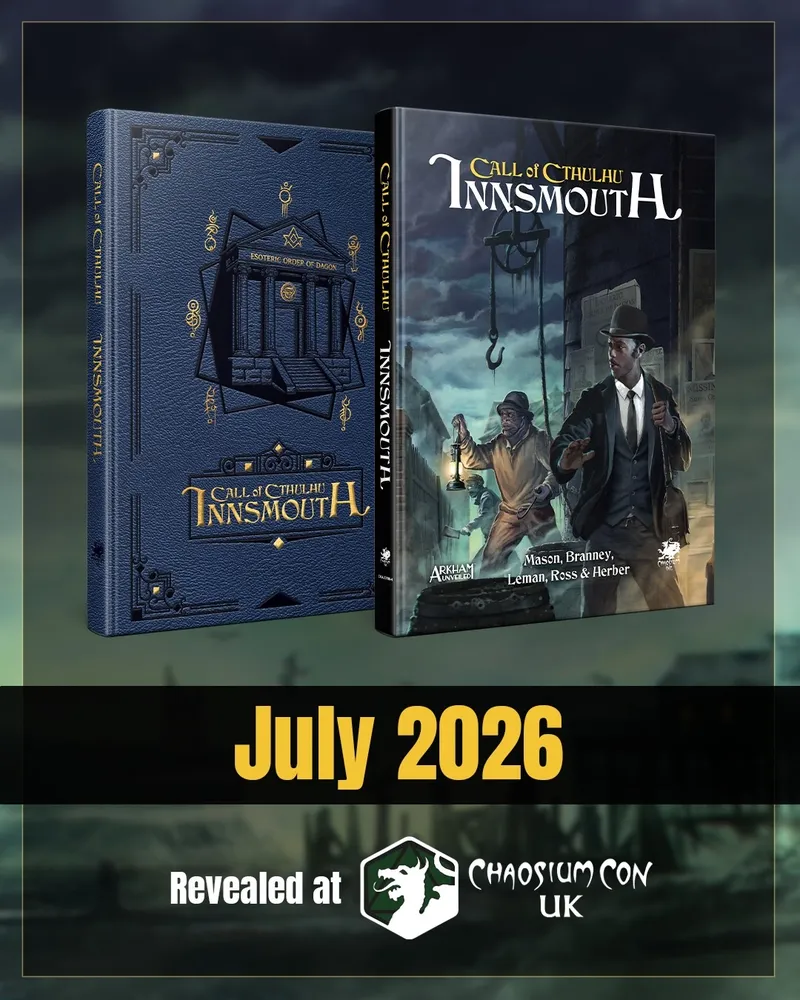 A dark blue leatherette book titled "Call of Cthulhu: Innsmouth" is displayed on the left, featuring ornate gold detailing and an illustration of a mysterious building. On the right, a standard edition of the same title showcases a dramatic cover illustration depicting two men in 1920s attire, one holding a lantern, set against a shadowy urban backdrop. The text at the bottom indicates a release date of July 2026.