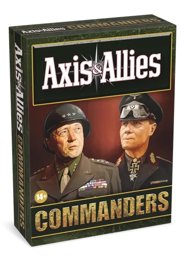 A box for "Axis & Allies: Commanders" features a striking illustration of two historical military leaders. On the left, a U.S. General in a uniform adorned with medals and a helmet, and on the right, a German Field Marshal in a dark uniform with distinctive insignia. The title "Axis & Allies" is prominently displayed at the top, with "COMMANDERS" in bold gold letters at the bottom, and a small age recommendation of "14+" in the lower corner. The background is a gradient of warm colors, enhancing the dramatic presentation.