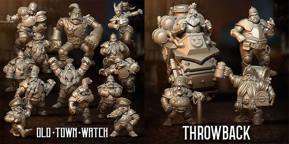 A collection of fantasy football miniatures features a squad from the Old Watch Town team, including three police dwarves, a dwarf blitzer, and two police halflings. A wooden golem and two star players, Klarice and the Judge, are also present. On the right, a selection of Throwback models showcases previous releases, highlighting the diverse range of characters in this expansion.