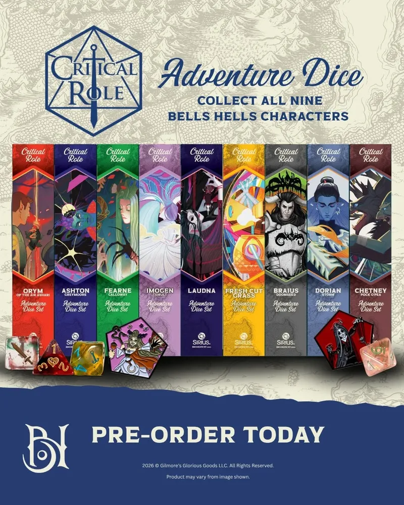 Critical Role Adventure Dice sets with character art and "PRE-ORDER TODAY" text.