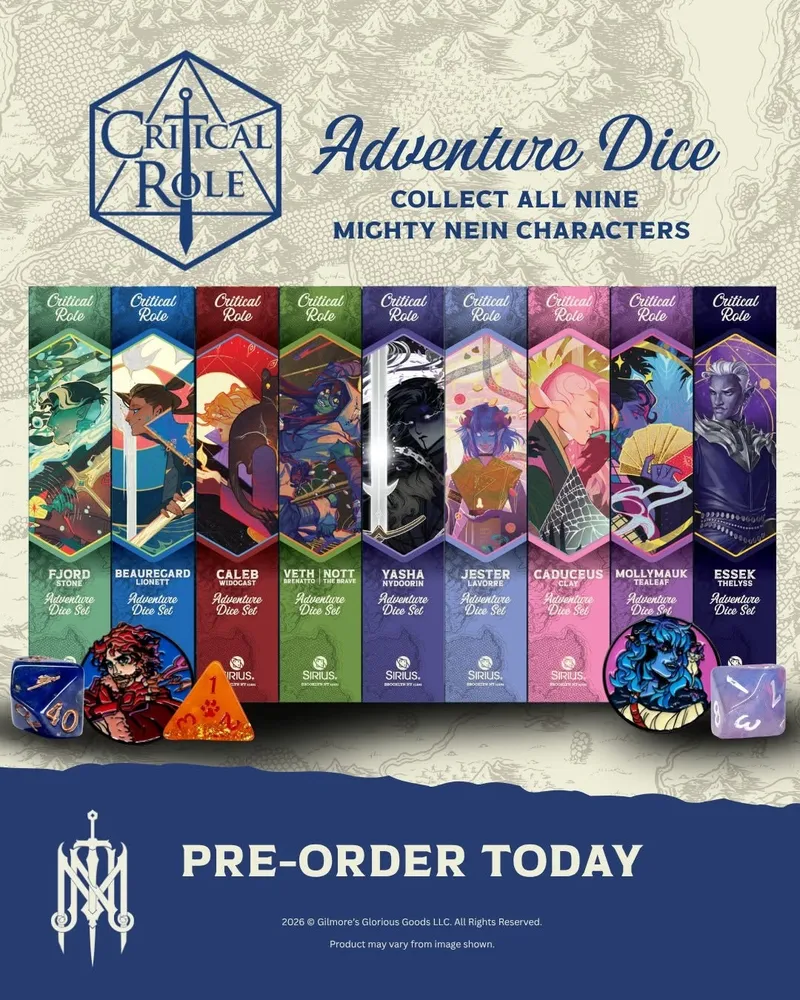 Critical Role Adventure Dice sets with character art and "PRE-ORDER TODAY" text.