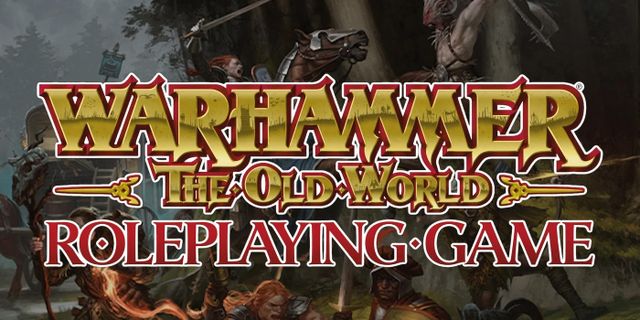 The image features the title "Warhammer: The Old World Roleplaying Game" prominently displayed in bold, stylized lettering, with "Roleplaying Game" in a contrasting red font. In the background, a dark forest setting is depicted, with various characters, including a mounted figure and others wielding weapons, suggesting a tense and adventurous atmosphere. The overall tone conveys a sense of mystery and danger, aligning with the folk horror theme of the new scenario, "Thirst of Three."