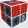 A 3x3 wooden cube with six distinct patterned faces: two red lava-like textures, two dark spiral cave designs, one gray rocky terrain, and one gray square with a white lantern icon.