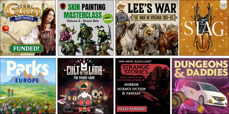 Top left: "SKIN PAINTING MASTERCLASS Volume 2 - Green Skin"
Top right: "LEE'S WAR THE WAR IN VIRGINIA 1861-6"
Bottom left: "CULT OF THE LAMB THE BOARD GAME"
Bottom right: "