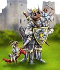 A whimsical illustration features a large, anthropomorphic creature resembling a knight, complete with armor and a crown, holding a shield adorned with a castle emblem. Perched on its shoulder is a smaller creature dressed in blue, while a tiny dragon-like figure stands beside them, also in armor. The background showcases a blurred castle and green grass, creating a playful and fantastical atmosphere.