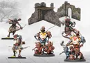 Miniature figures of warriors and demons around a stone castle ruin.