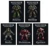 Five new Liber books for "Warhammer: The Horus Heresy" are displayed, each featuring distinct cover art. The covers include illustrations of armored figures representing various factions: a green-armored Loyalist Astartes for "Liber Astartes," a gray-armored Traitor Astartes for "Liber Hereticus," a bulky figure for "Liber Auxilia," a robotic character for "Liber Mechanicum," and a knightly figure for "Liber Questoris." Each book is titled prominently at the bottom, with a dark background that enhances the vibrant colors of the characters.