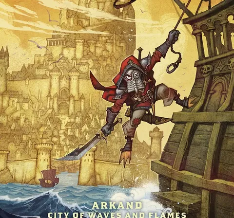 Armored figure leaping from a ship, city and text "ARKAND CITY OF WAVES AND FLAMES" below.