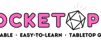 A logo for "Pocketopia" features the word "POCKETOPIA" in bold pink letters, with "PORTABLE," "EASY-TO-LEARN," and "TABLETOP GAMES" in black underneath. The logo includes a stylized geometric die, adding a playful touch to the design. The overall aesthetic is vibrant and inviting, appealing to tabletop gaming enthusiasts.