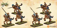 A set of four skeletal knights on horseback, each adorned in ornate armor with blue accents, is depicted in various poses. The knights wield lances and wear distinctive helmets, while their horses feature skeletal heads and decorative elements. The bases are covered in green grass, enhancing the fantasy theme of the scene.