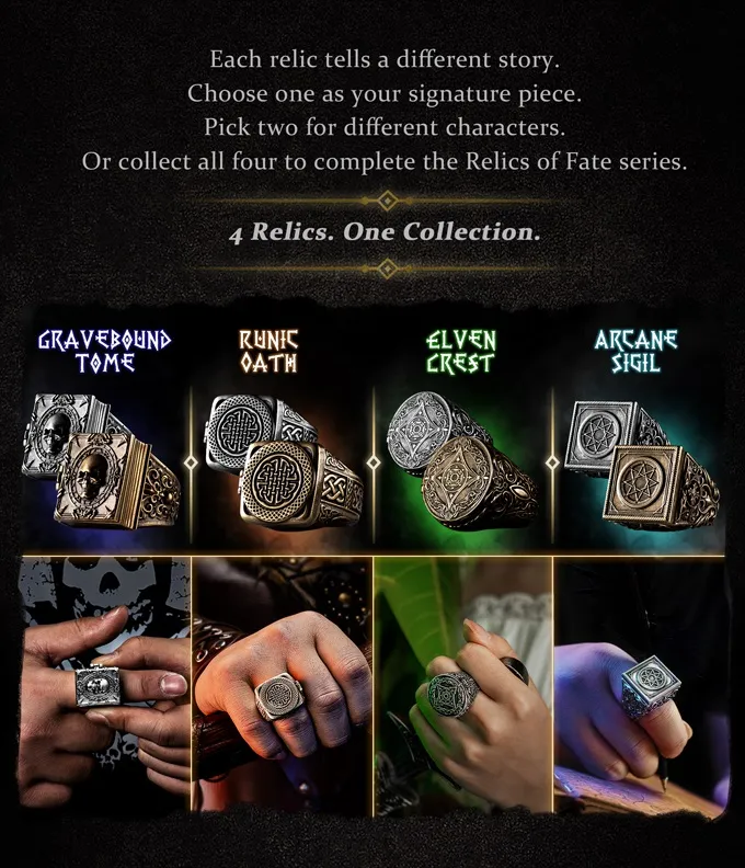 Four fantasy-themed rings are displayed, each featuring intricate designs and motifs. The rings are labeled as Gravebound Tome, Runic Oath, Elven Crest, and Arcane Sigil, showcasing a mix of skulls, runes, and other fantasy elements. Each ring is shown on a hand, highlighting their unique styles and finishes in either silvered or antique brass, with a focus on the detailed craftsmanship and hidden compartments for miniature RPG dice.