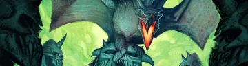 An image of a Dragon sitting on a dwarven statue with it's wings wide and mouth open
