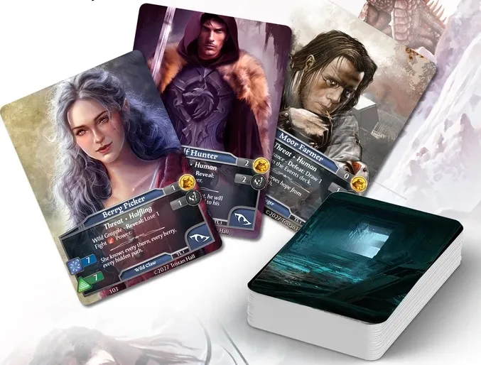 Cards from Wyvern Moor: The Dungeon Crawl Card Game, featuring Berry Picker, Elf Hunter, and Moor Farmer.