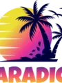 A vibrant logo for "Paradice" features a stylized sunset with a gradient of yellow to pink, set against a dark blue silhouette of palm trees. The word "PARADICE" is prominently displayed in bold, colorful letters at the bottom, blending shades of pink and orange. The overall design evokes a tropical and inviting atmosphere, perfect for a board game convention.