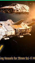 A collection of detailed, futuristic trading vessels is depicted against a cosmic backdrop featuring a planet and distant stars. The ships vary in design, showcasing angular shapes and intricate surface details, with a color palette of metallic grays and whites. The text "MTV" is prominently displayed, along with a tagline about printable modular trading vessels for 28mm sci-fi miniature games.