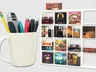 A white ceramic cup filled with pens and a stapler sits on the left. To the right is a white grid-style shelf holding multiple small board game boxes, including visible titles such as "GLOOMHAVEN", "MARS", "POTION EXPLOSION", "DICED VEGGIES", "TERRAFORMING MARS", "CUBITOY", "Sleeping Gods", and others.