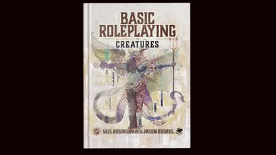 A hardcover book titled "Basic Roleplaying: Creatures" features an intricate cover illustration of a fantastical creature with a mix of human and animal traits, holding a trident. The creature has colorful wings and a detailed, textured body, set against a muted background with abstract patterns. The authors' names, Neil Robinson and Jason Durall, are displayed at the bottom of the cover.