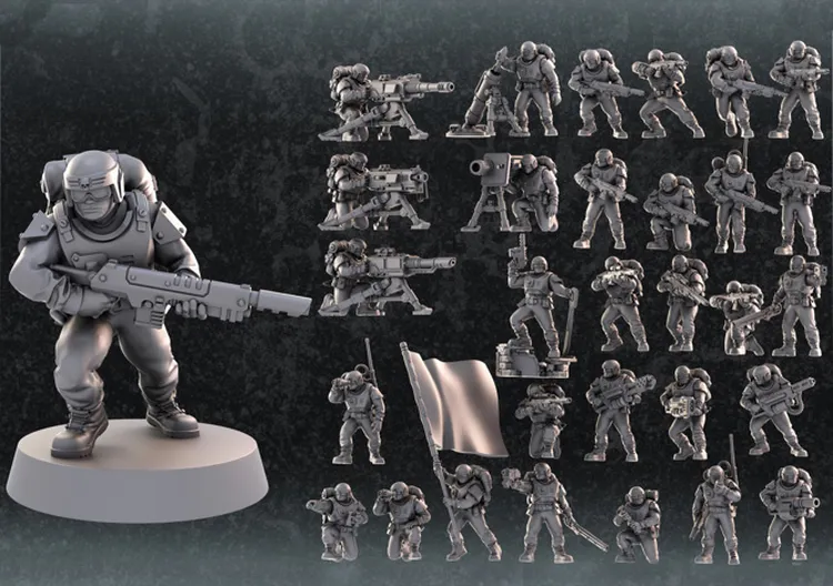A collection of unpainted sci-fi miniatures is displayed, featuring a prominent central figure holding a rifle, surrounded by various infantry units in different poses. The miniatures are in a gray, unpainted finish, showcasing detailed armor and weaponry. Additional elements include heavy weapon crews, a flag, and various command and special weapon units, all arranged in a grid format against a dark background.