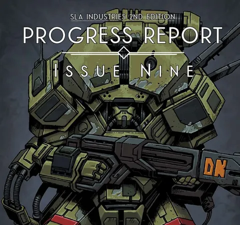 Green armored mech with red accents, holding a large gun labeled "DN". Text above: "PROGRESS REPORT ISSUE NINE".