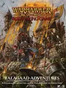 Warhammer: The Old World logo at the top in ornate gold and red lettering. Beneath it, the words “Roleplaying Game” in red capital letters. A fantasy battle scene shows a group of armored warriors and adventurers charging forward. Some wear plate armor, others leather or chainmail, and they carry swords, axes, shields, and spears. One figure in the foreground wields a flaming torch. A woman with red hair and a green cloak raises a sword. Several banners with gold trim and heraldic designs wave above them. In the background, a stone building with arched windows and a tower stands against a cloudy sky. At the bottom, the words “Talagaad Adventures” in white capital letters.