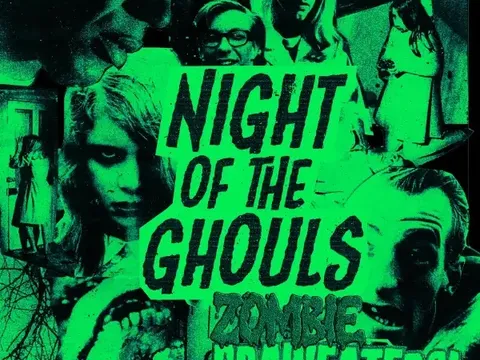 Green-tinted horror scene with three zombie faces in the background. Central text reads: "ZOMBIE BRAINEATERS! NIGHT OF THE GHOULS." Foreground shows a woman with long hair and a man in a hospital bed.