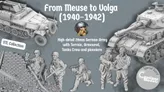 A collection of detailed 28mm German army miniatures and vehicles is showcased, featuring a half-tracked armoured personnel carrier alongside various soldiers in dynamic poses, equipped with weapons like the MG34 and Mauser K98. The background includes a textured wall of bricks, enhancing the historical context. The text highlights the campaign title "From Meuse to Volga (1940-1942)" and mentions the STL collection for 3D printing.