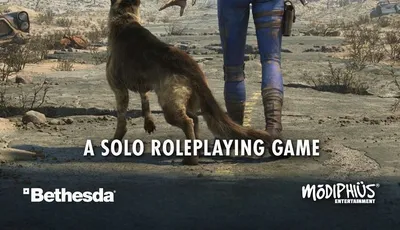 A lone vault dweller stands with their back to the viewer, gazing out over a desolate wasteland, accompanied by a dog. The character is dressed in a blue jumpsuit with a yellow stripe, equipped with a rifle slung across their back and a pistol in hand. In the background, a ruined cityscape is visible under a cloudy sky, emphasizing the post-apocalyptic setting. The text "A SOLO ROLEPLAYING GAME" is prominently displayed at the bottom.