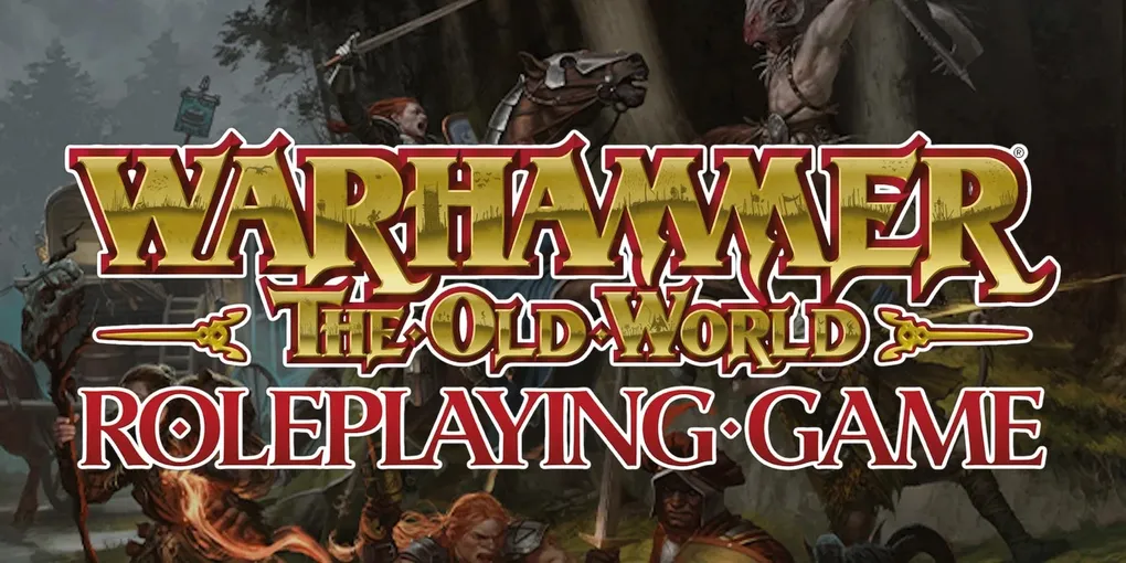 The image features the title "Warhammer: The Old World Roleplaying Game" prominently displayed in bold, stylized lettering, with "Roleplaying Game" in a contrasting red font. In the background, a dark forest setting is depicted, with various characters, including a mounted figure and others wielding weapons, suggesting a tense and adventurous atmosphere. The overall tone conveys a sense of mystery and danger, aligning with the folk horror theme of the new scenario, "Thirst of Three."