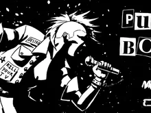 Cartoon character with spiky hair holding a microphone, wearing a leather jacket and wristbands, standing on a rooftop with a starry night sky. Text reads "PUNK BORG" in bold letters.