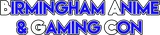The text features the words "BIRMINGHAM ANIME & GAMING CON" in bold, vibrant blue letters against a contrasting background. The design emphasizes a playful and energetic theme, suitable for an event focused on anime, gaming, and related activities. The letters are stylized, with some featuring unique shapes, enhancing the visual appeal.