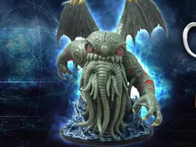 Dark blue cosmic background with faint starry lines. White stylized text reads "Cthulhu" at top. Below, smaller white text says "Life-Sized Monument." Brown banner with white text: "COMING SOON!"